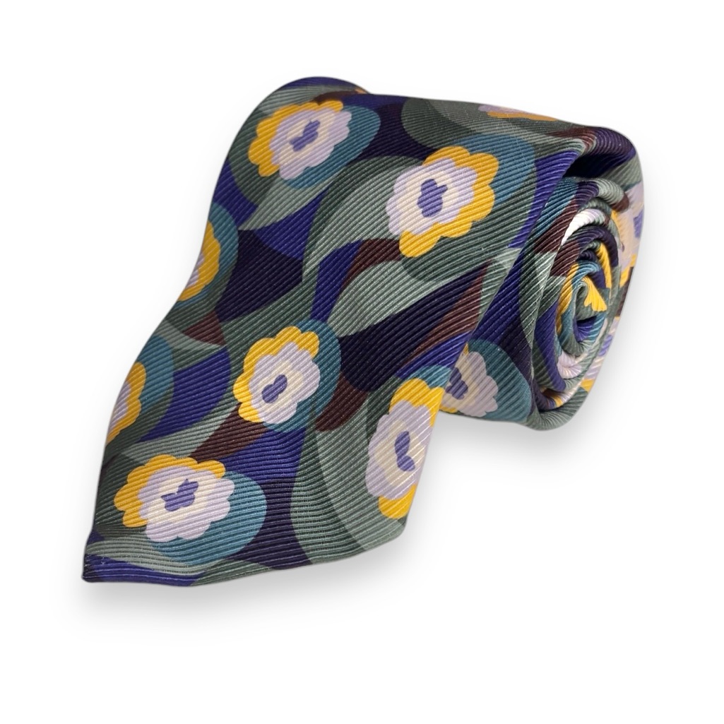 Ysl Rive Gauche Purple Yellow Floral Ribbed Silk Tie